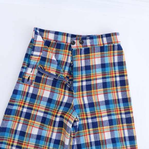 70's Inspired Yellow &  Blue Checker Print Wide Leg Pants - Picture 12 of 14